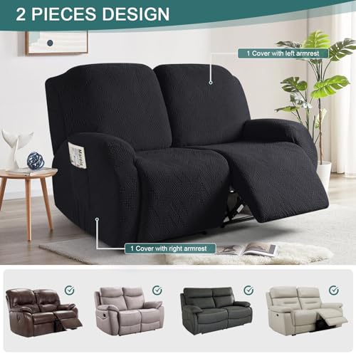 Image of Ruaozz Recliner Sofa Covers Recliner Chair Covers Extra Wide Loveseat Recliner Slipcovers with Pockets Washable Furniture Protector with Elastic Bottom (2 Seater-X Large, Black)