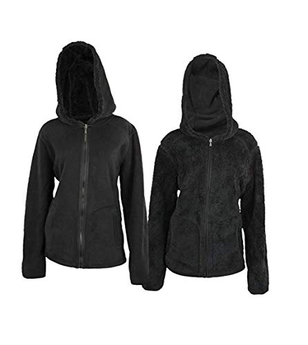 Womens Reversible Full Zip Hooded Polar Fleece & Faux Fur Jacket, Black