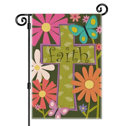 JMYROG Faith Garden Flag, Spring Cross Christian Yard Flag for Outside