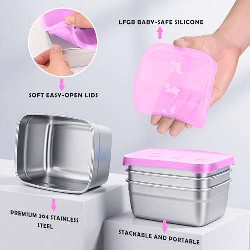 Image of Tanjiae 3-Pack Stainless Steel Snack Containers for Kids & Toddlers - 550ml (18oz) Leakproof Colorful Lids with Cute Dinosaurs | LFGB Certified, Stackable Metal Lunch Box for Daycare, School, Travel