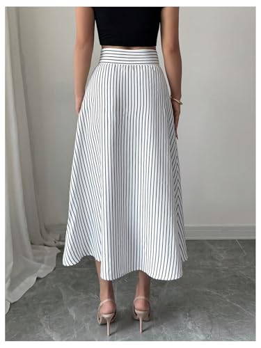 MakeMeChic Women's Skirts Trendy Summer Striped High Waist Button A Line Work Office Midi Skirts3