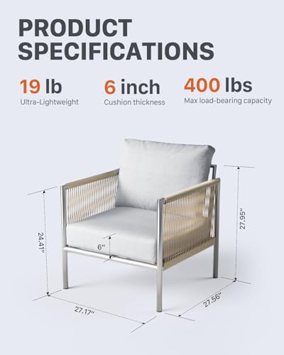 Image of ZANDOR Aluminum Outdoor Patio Furniture 2 Pcs Armchair, All-Weather Metal Modern Outside Furniture with Washable Thick Cushion, HDPE Woven Rope Rattan Bistro Sofa Chair, Garden /Backyard /Porch, Silver