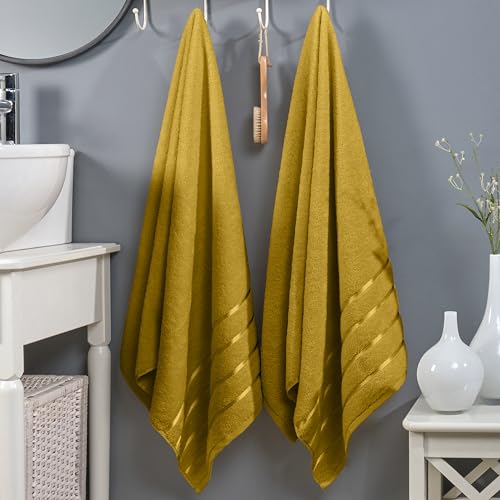 Image of Elegant Comfort 100% Turkish Cotton 4 Lines Viscose Stripe Luxury 2 Pack Bath Towel Set 27 x 54 Inch - Super Soft and Highly Absorbent Premium Hotel Spa Quality Towels for Bathroom Use, Gold