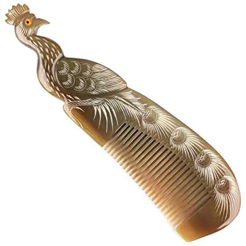Aibote Natural Yak Ox Horn Comb-100% Handmade Double-Sided Engraving Peacock Anti-Static Detangling Hair Massage Horn Comb Gift for Women Girls,8 Inches Cover