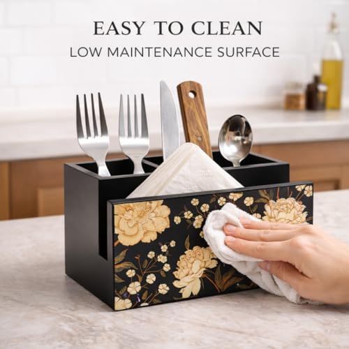 Image of Reinvention Factory Black Flower Wooden Cutlery Holder for Dining Table | Spoon Stand with Tissue Holder | MDF Cutlery Organizer for Spoon Fork Knife Napkin | 7 x 4.5 x 4 Inch