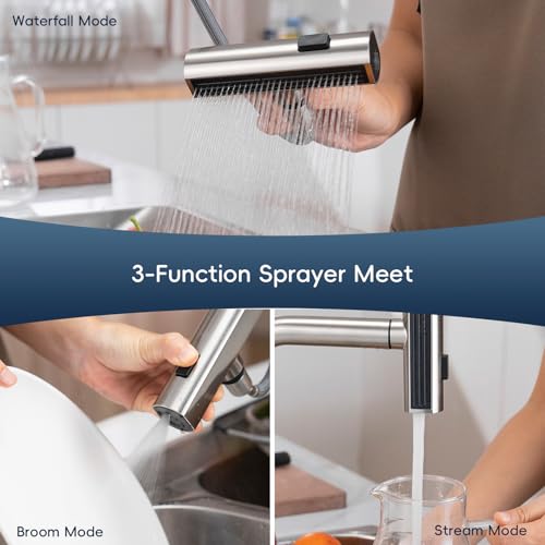 Image of Waterfall 4 Hole Kitchen Faucet with Soap Dispenser, Two-Handle 3 Modes Multifunctional Waterfall Faucet with Sprayer Stainless Steel Pull Down Kitchen Sink Faucets (Brushed Nickel)