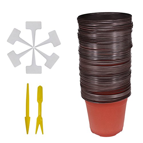 Huvai 50 Pcs 6" (15CM ) Plastic Seedlings Plants Nursery Pots with 50 Pcs Waterproof Plastic T-Type Plant Tags and 2Pcs/Set Transplanting Digging Mini Tools