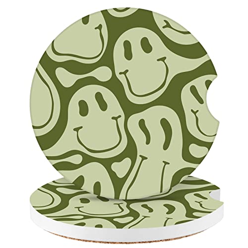Watbro Car Coasters,Purple Smily Absorbent 2 Pack for Cup Holders with Finger Notch,2.56 inches Ceramics Heat Resistant Anti Slip Cork Base Car Drinks Coasters Auto Cup Holder(Green Smily)