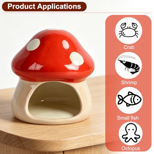 Image of AnRui Ceramic Betta Fish Tank Accessories Decor Cute Mushroom House Aquarium Decoration Hideout Cave Ornament for Small Fish, Shrimp, Goldfish and Reptiles (Red)