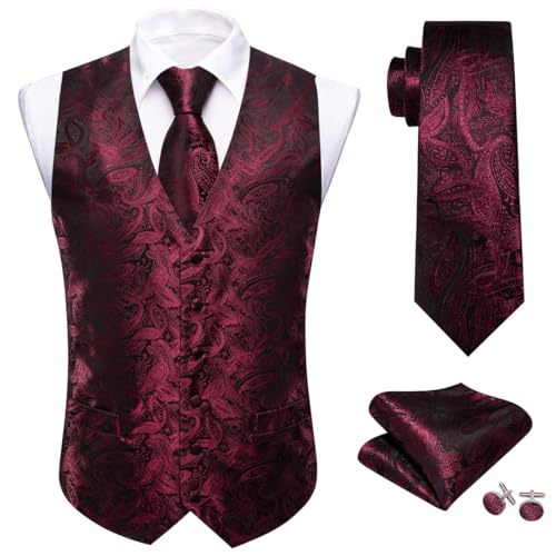 Silk Men Vest Tie Hanky Cufflinks Set Paisley Floral Waistcoat Sleeveless Jacket Wedding Business