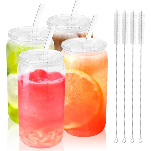 Joyclub 4pcs Glass Cups with Acrylic Lids and Straws 16 oz Can Shaped Glass Iced Coffee Cups with Lids and Straws, Cute Tumbler Cup Drinking Glasses for Smoothie Whiskey Boba Soda Tea Gift C