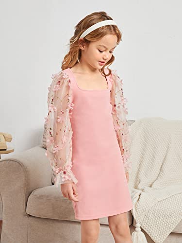 Wdirara Girl's Sheer Mesh Flounce Long Sleeve Appliques Square Neck Dress Pink 11-12Y #TOP2