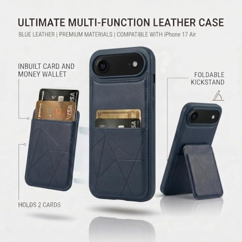 Image of amazon basics Premium Vegan Leather Back Cover with Card Holder and Integrated Mobile Stand for iPhone 17 Air - Slim Shockproof Wallet Case with Geometric Stitching [Blue]