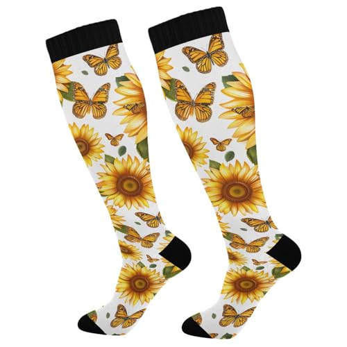 Wassud Sunflowers and Butterflies Compression Socks for Women and Men 20-30 mmHg Knee High Socks for Nurses Travel Socks 1 Pair