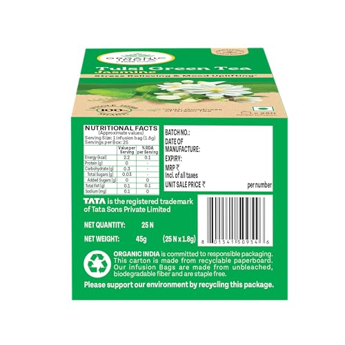 Image of A TATA Product - Organic India Tulsi Green Tea Jasmine - 25 Tea Bags, Certified Organic, Stress Relief, Mood Uplifting, Antioxidant Power, Soothing Jasmine Blend