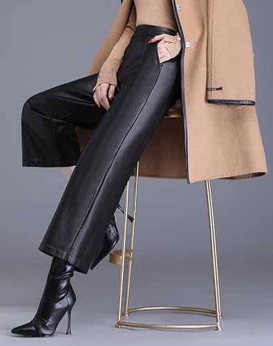 Lucrosun Women's Elastic High Waist Wide Leg Faux Leather Pants Palazoo Trousers4