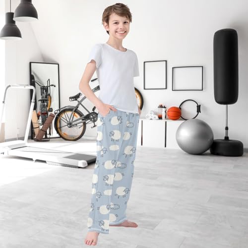 Boy's Pj Pants Cute Cartoon Sheep Grey Blue Lounge Bottoms Elastic Kids Sweatpants Joggers with Pockets Size 6-14 6