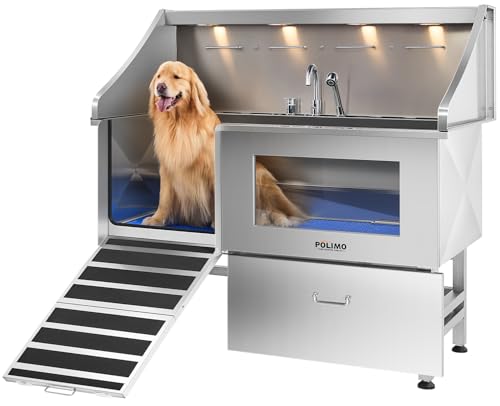 POLIMO Dog Washing Station, LED Professional Stainless Steel Dog Bathing Station 61', Dog Grooming Tub for Large, Medium & Small Dog - with Window, Ramp, Drawer, Floor Grate & Faucet (Left Ramp, 61')