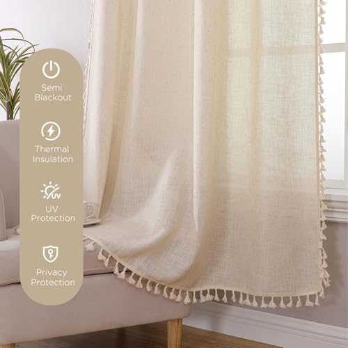 Image of Joydeco Linen Boho Curtains 90 Inch Curtains 2 Panels Set, Boho Curtains for Bedroom Living Room, Super Soft Light Filtering Country Rustic Semi Sheer Farmhouse Curtains Rod Pocket