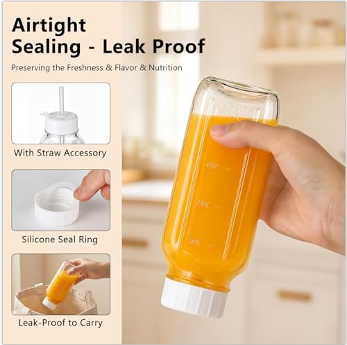 Image of Ruckae 16oz 10 Pack Glass Juice Bottles with Lids - Reusable Square Glass Juice Bottles with Leak-Proof Lid & Capacity Marks for Containers Juice,Milk,Smoothies