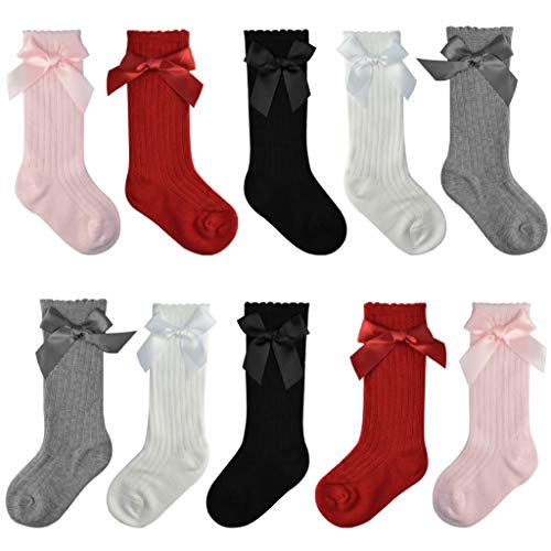 Marrywindix 5-Pack Knee High Socks Cotton Socks Sweet Bowknot Baby Girls Socks (0-2T)
