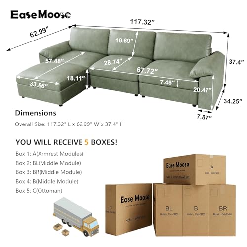 Image of EASE MOOSE Leather Sectional Couch, Oversized Modular Sectional Sofas, Vintage Wide Deep Seat Modular Couch, Scratch Resistant Faux Leather Material, L Shaped Sofa for Big Spaces,Green