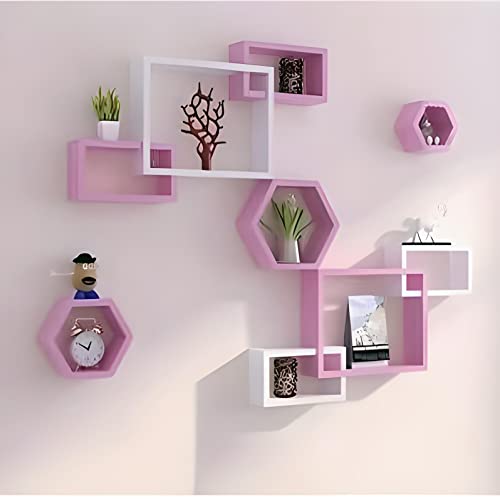 Image of Wooden handicrafts Wooden Stylish Wall Rack Shelves Set of Wall Shelves MDF -Medium Density Fiber Home Decoration Wall Decor (Pink White, Hexa Interlock)