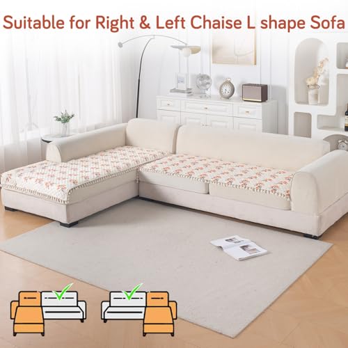 Image of HOKIPO Autumn Blossom L Shape (3+2 Seater) Sofa Seat Mat with Tassel| Quilted Sofa Cover Mat, 'Tassel Twigs' Series (IN-984-T5 + IN-986-T5)