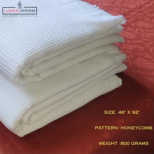 Image of LIMRA Premium Men's White Cotton Ihram Set for Hajj and Umrah | 2-Piece Quality Cloth | Free Size 46 inch X 92 inch - Divine Comfort! (Honeycomb)