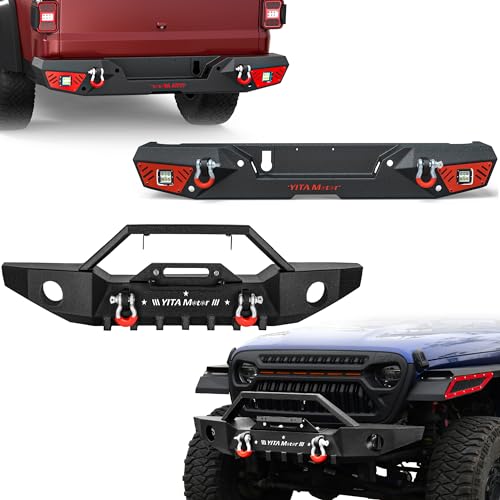 YITAMOTOR Rear Bumper Fits 2020-2025 Jeep Gladiator JT, Off-road Truck Back Step Bumper w/ 2x Square LED Lights, D-Rings & Paintable Armor Rear Bumper w/ 2x Lights