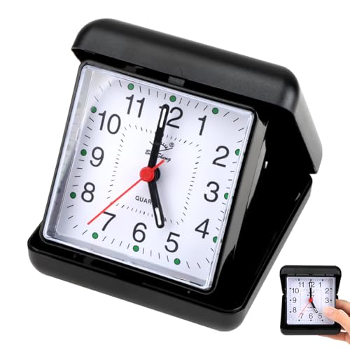 Lueden Folding Travel Alarm Clock Battery Operated Bedside Silent Quartz Clock Portable No Ticking Clocks with Clear Arabic Numbers for Bedrooms Office Desk Travel Camping, Black Case