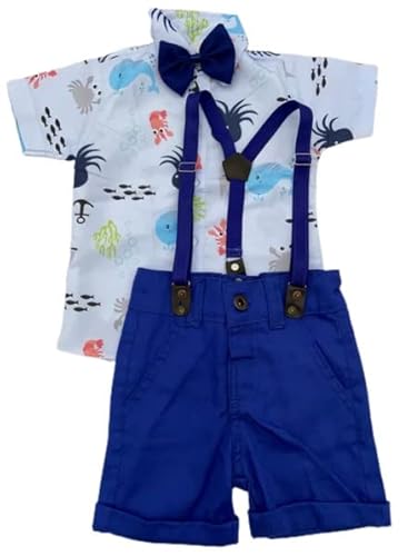 Fundo do Mar Kit Roupa Conjunto Infantil Menino 4 Peças Camisa Gravata Bermuda e Suspensório Anivers