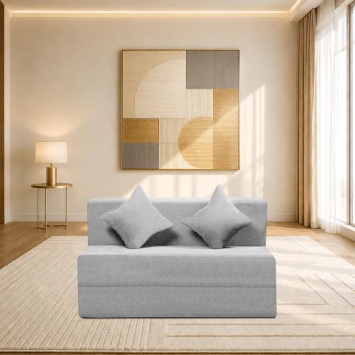 Image of Seventh Heaven Rejioce 2 Seater 4 * 6 Jute Fabric Washable Cover Sofa Cum Bed with 2 Cushions 2 Seater Double Foam Fold Out Sofa Cum Bed (Finish Color - Light Grey Delivery Condition - Pre-Assembled)