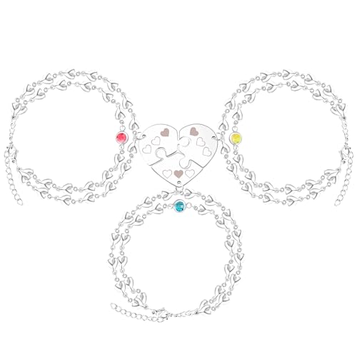 Image of 3PCS Love Heart Chain Bracelet Set for Women Graduation Gift Heart Puzzle Friendship Bracelet Personalized Name 3 Bracelets Customized Best Friends Family Love Jewelry SA4886