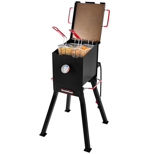 Grills House DF02B Outdoor Propane Deep Fryer, 17 Qt. Oil Capacity with 2 Frying Baskets, Lid & Thermometer, 54,000 BTU Output for Frying Fish, Chicken Wings and French Fries, Black