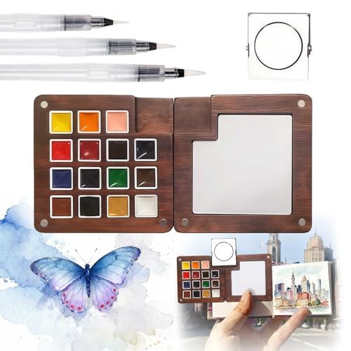 Esoes Mini Paint Palette Travel Watercolor Set, Portable Pocket Artist Water Color Painting Palette Kit with Colors, Binder Clips, Watercolor Pens, Wooden Paint Box for Painters Artists Students