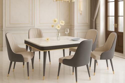 Image of Swiss Modern Dining White Nano Composite Marble Top Table Set with Sheesham Wood Legs, 6 Seater with Upholstered Chairs (71x36x30 Inches)