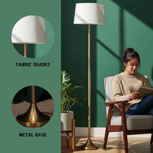 Image of Modern Metal Floor Lamp with Fabric Shade | Antique Brass Finish Standing Lamp | E27 LED Bulb Compatible | 52 Inch Tall Decorative Floor Light for Living Room, Bedroom & Office