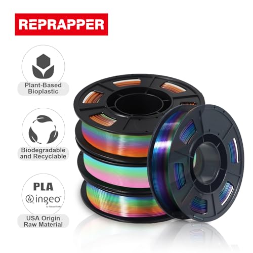 Image of RepRapper Rainbow PLA Filament, Shiny Multicolor Silk PLA 1.75 mm Filament (+-0.03 mm), Sparkle Fast Change Multi-Color Matte 250g*4 Sample Pack 3D Printer Filament for 3D Printer,250g*4