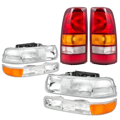 Headlights Tail Lights Assembly Combo Compatible with 1999 2000 2001 2002 Chevy Silverado 1500 2500 / HD, HeadLamp+Taillight Rear Brake Lamp, Factory Style