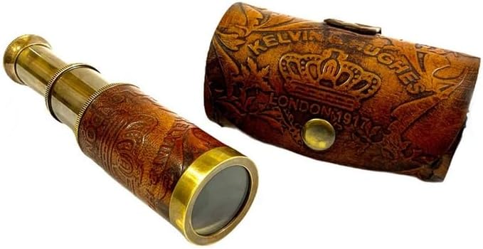 6" Engraved Leather Brass Pocket Telescope, Nautical Pirate Spyglass Scope, Home Decor Gift