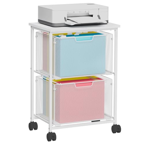 Sbanmao Letter/Legal Rolling File Cabinet, Rolling File Cart with 2 Drawers Filing Cabinet for Home Office, Hanging File Folders Organizer for Under Desk Storage, Mobile Printer Stand, White