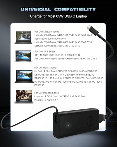 Image of 60W 65W USB-C AC Adapter fits for Dell Laptop Charger USB C, for Dell Pro 13 14 16 Plus /Inspiron 14 16 7620 / Latitude 5420 5520 5540 7420 5550 5450 / XPS 13 / Chromebook Computer Type C Power Cord