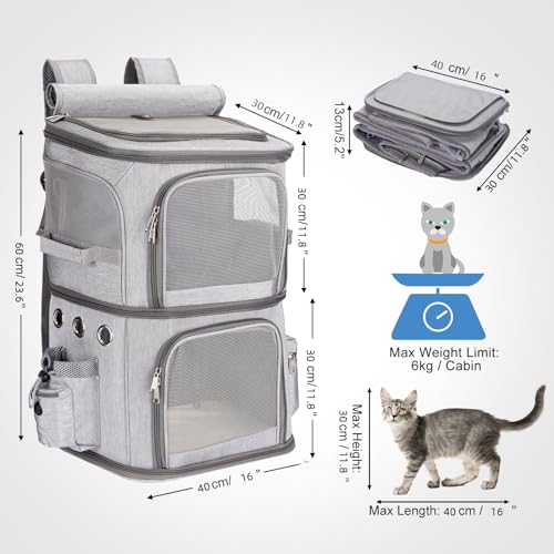 FASNATI Double-Compartment Pet Carrier Backpack, Cat Carrier Backpack for 2 Cats, Small Dogs, Perfect for Traveling/Hiking/Camping, Grey, XL - Image 6