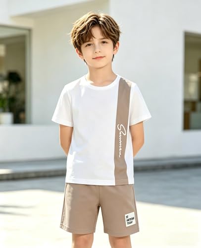 Image of Ayzozuy Boy Clothes Colorblock Top + Drawstring Waist Shorts 2 Pieces Kid Summer Outfits Set