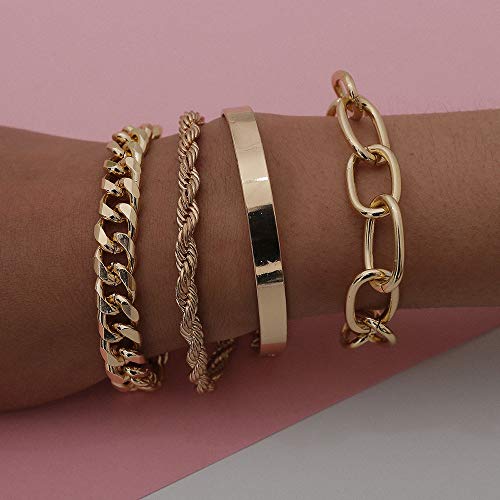 Fxmimior Dainty Boho Gold Silver Chain Bracelets Set For Women Adjustable Fashion Beaded Chunky Flat Cable Chain Punk Bracelets Jewelry For Women Girls Gift Set Of 4 (Gold) #TOP1