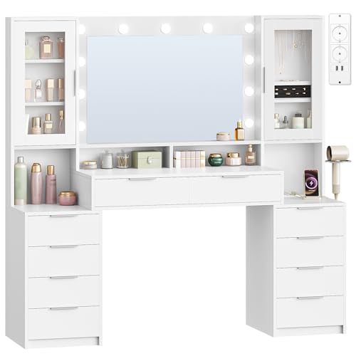 Hzuaneri 150 cm Tocador de Maquillaje Grande, Toma de Corriente, 11 Globos de Luz LED, 3 Colores, 10 Cajón, Almacenamiento de Joyas, Almacenamiento de Gran Capacidad, Blanca-Plata DT43703XEU