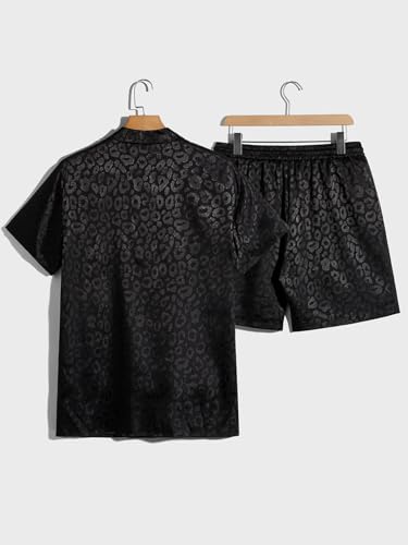 Verdusa Men's 2 Piece Lounge Set PJ Set Leopard Jacquard Button Front Shirt and Short Sets Black2