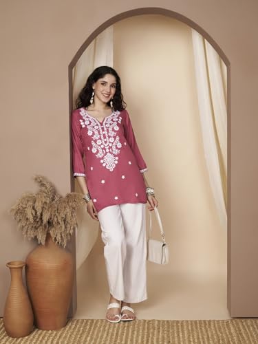 Image of Short Kurti for Women for Jeans, Chikankari Kurtis for Ladies, Lakhnavi V- Neck Women's Tunic Design Kurta, Floral Kurtas & Tunics for Woman