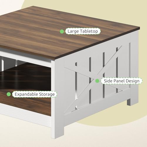 GOOBED Farmhouse Sqare Coffee Tables for Living Room with Storage, Grey Wash Coffee Table 2 Tier Spaciou Storage Shelf, Modern Center Table Small Coffee Tables, Brown and White